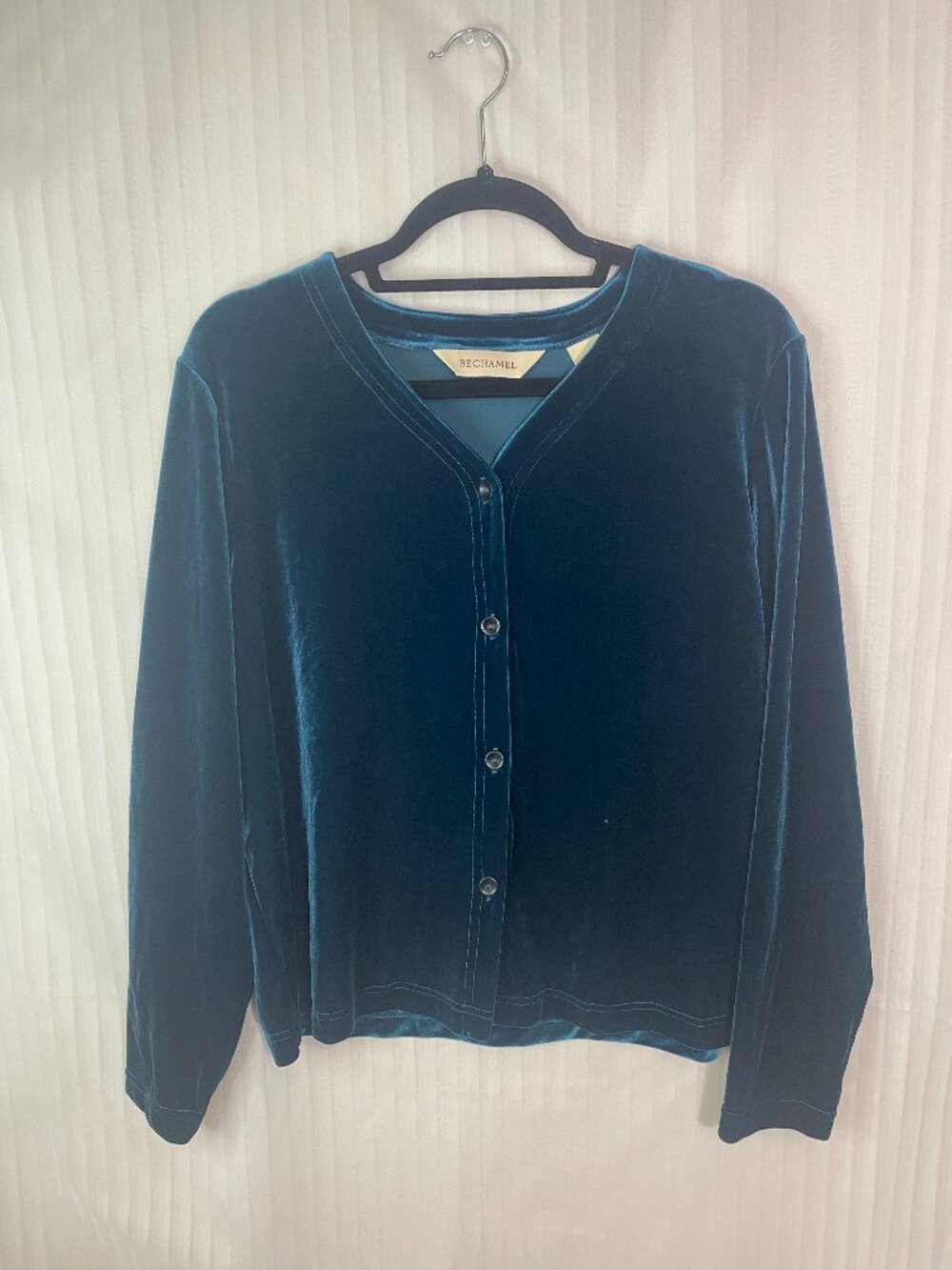 Bechamel Women’s Teal Blue Velvet Cardigan Top Size Medium Button Front Stretch